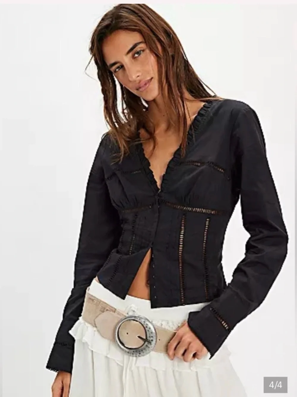 T10 Free People Cotton Corset Top Hook & Eye Smocked Back Ladder Cutout Detail